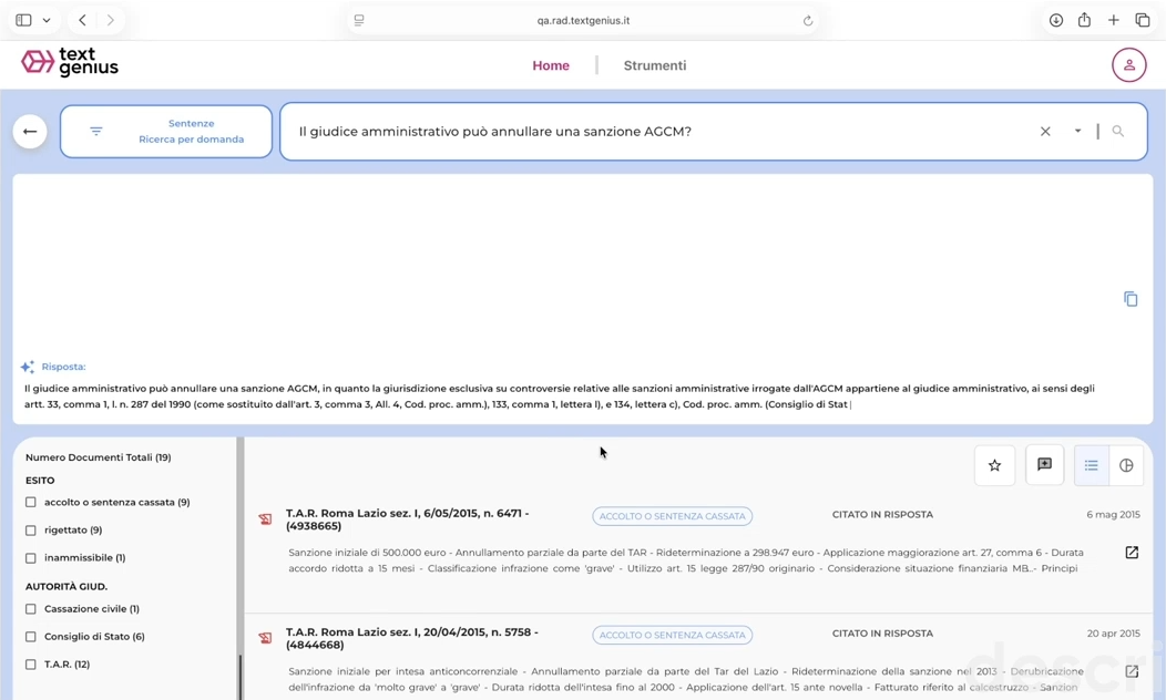 TextGenius – dashboard di ricerca giuridica